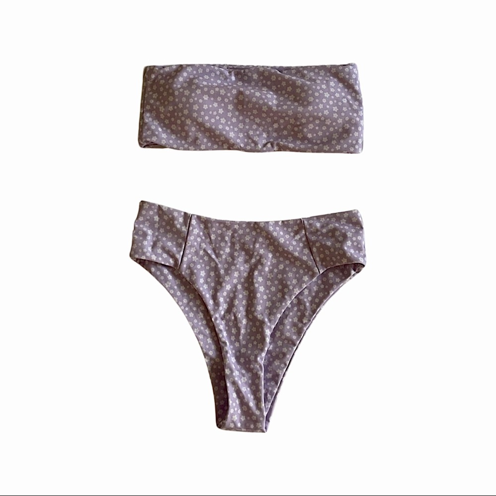 2 Piece Bandeau Top w/ High Waisted Cheeky Bikini Bottom SHEIN Brand
